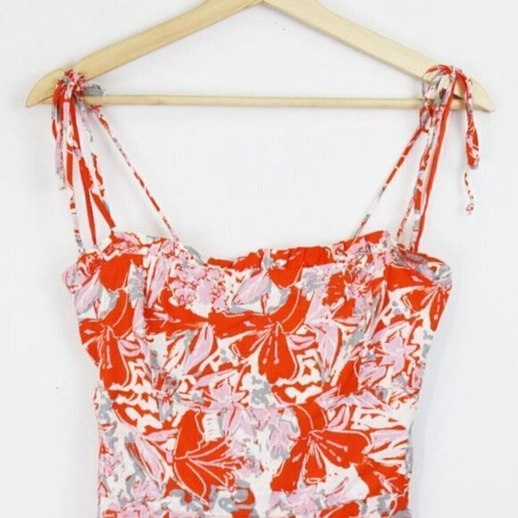 Free People Dress 8 NWOT Beach Party Shoulder Midi Linen Orange Floral Summer - Picture 5 of 12